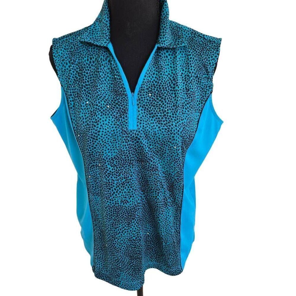 Womens Sleeveless Teal Blue Athletic Golf Polo Shirt Size Large